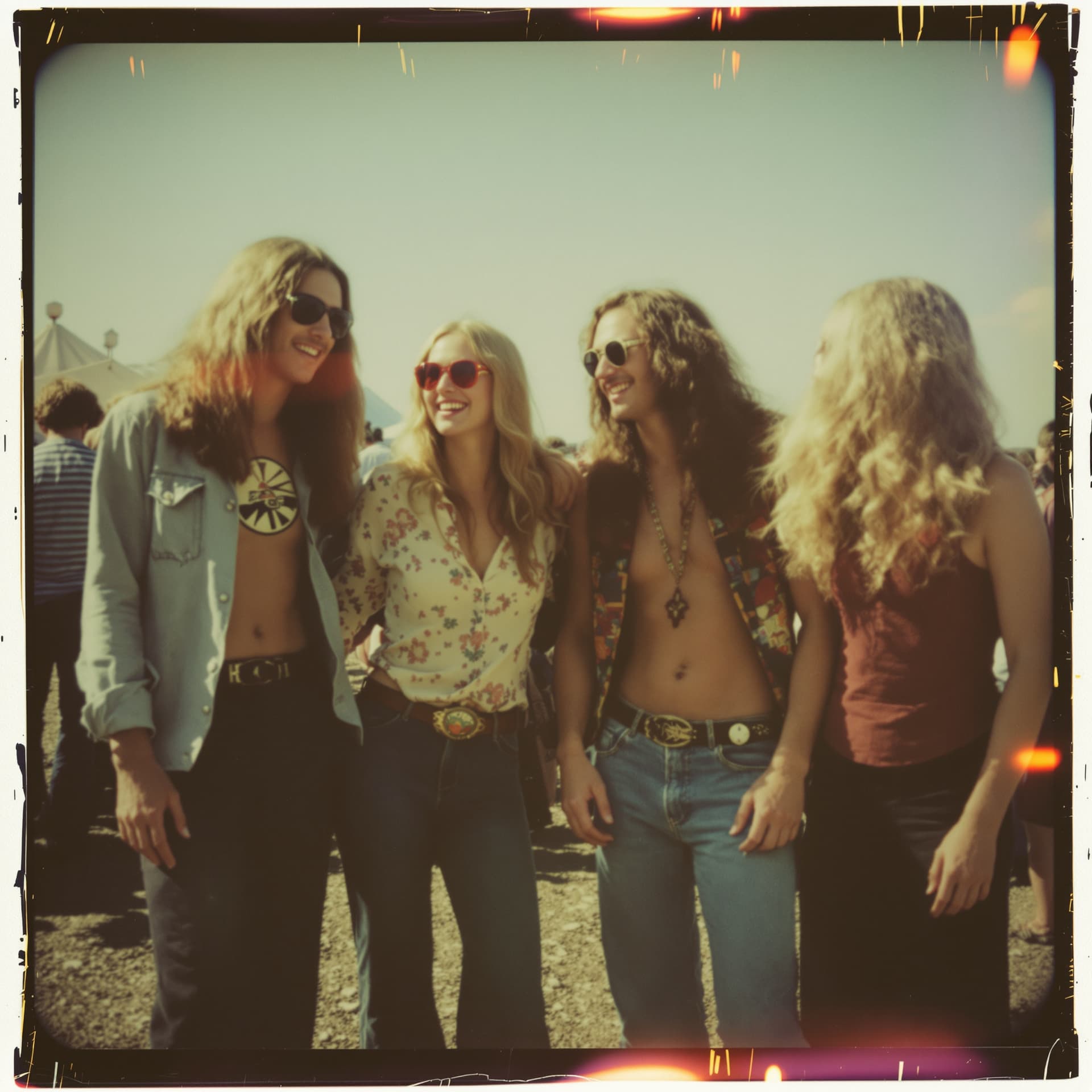 AI generated: candid snapshot, group of friends, long hair, bell-bottoms, outdoor music festival, vintage Polaroid...