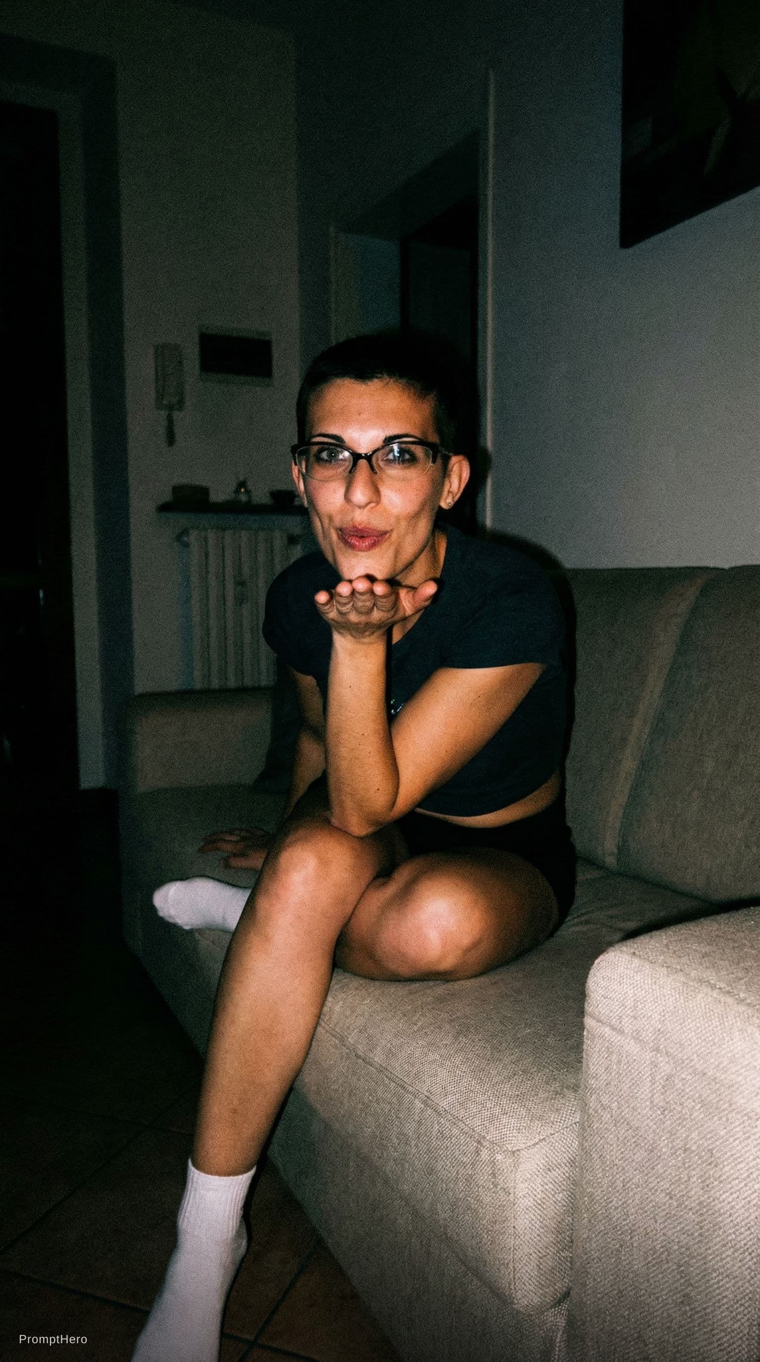 AI generated: Romantic point of view looking at me,a sloppy snapshot. on a couch at night teasing(no lights), wear...
