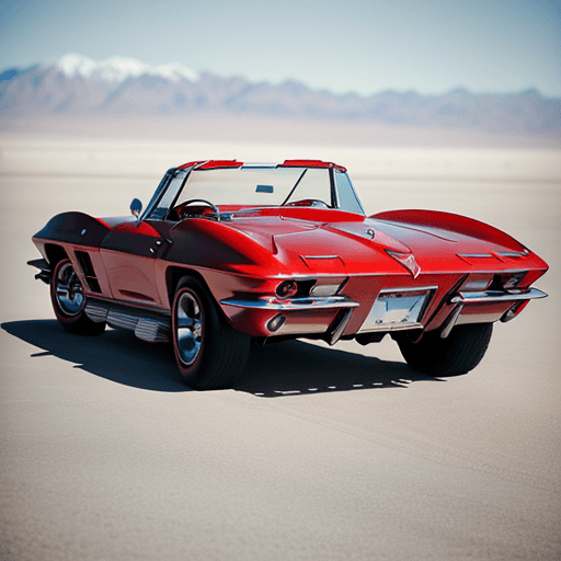 AI generated: highly detailed side view looking from camera, red 1964 Chevrolet Corvette racing, Bonneville salt f...