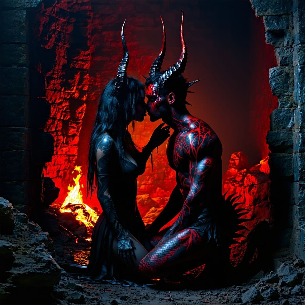 AI generated: Athletic female demon, full figure, volcanic landscape. Red snakeskin bodypaint, glowing red eyes, b...