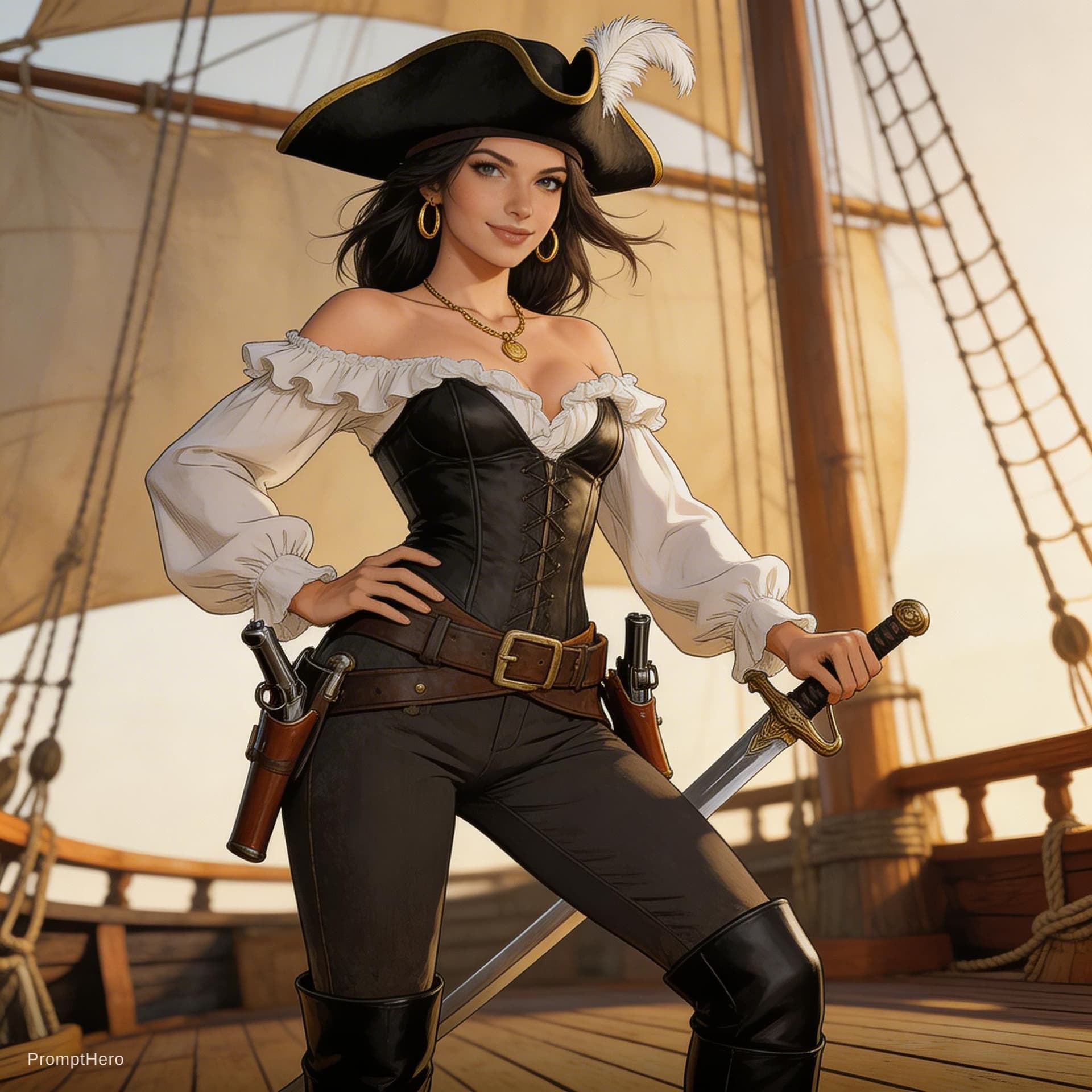 AI generated: full body shot 3/4 low-angle view of a young beautiful female pirate in suggestive pose, with influe...