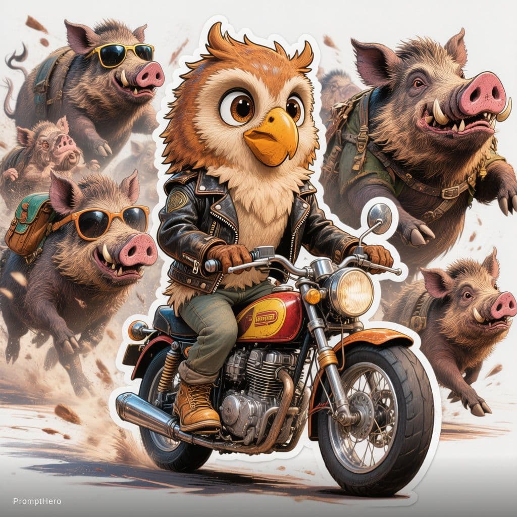 AI generated: The duolingo owl wearing a tiny leather jacket, riding a vintage motorcycle.  Behind the motorcycle,...
