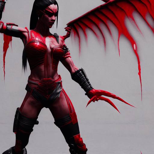 AI generated: Mortal Kombat Skarlet, cyberpunk, outdoor, street, blood red, hyperrealism, photorealistic, 8k, unre...