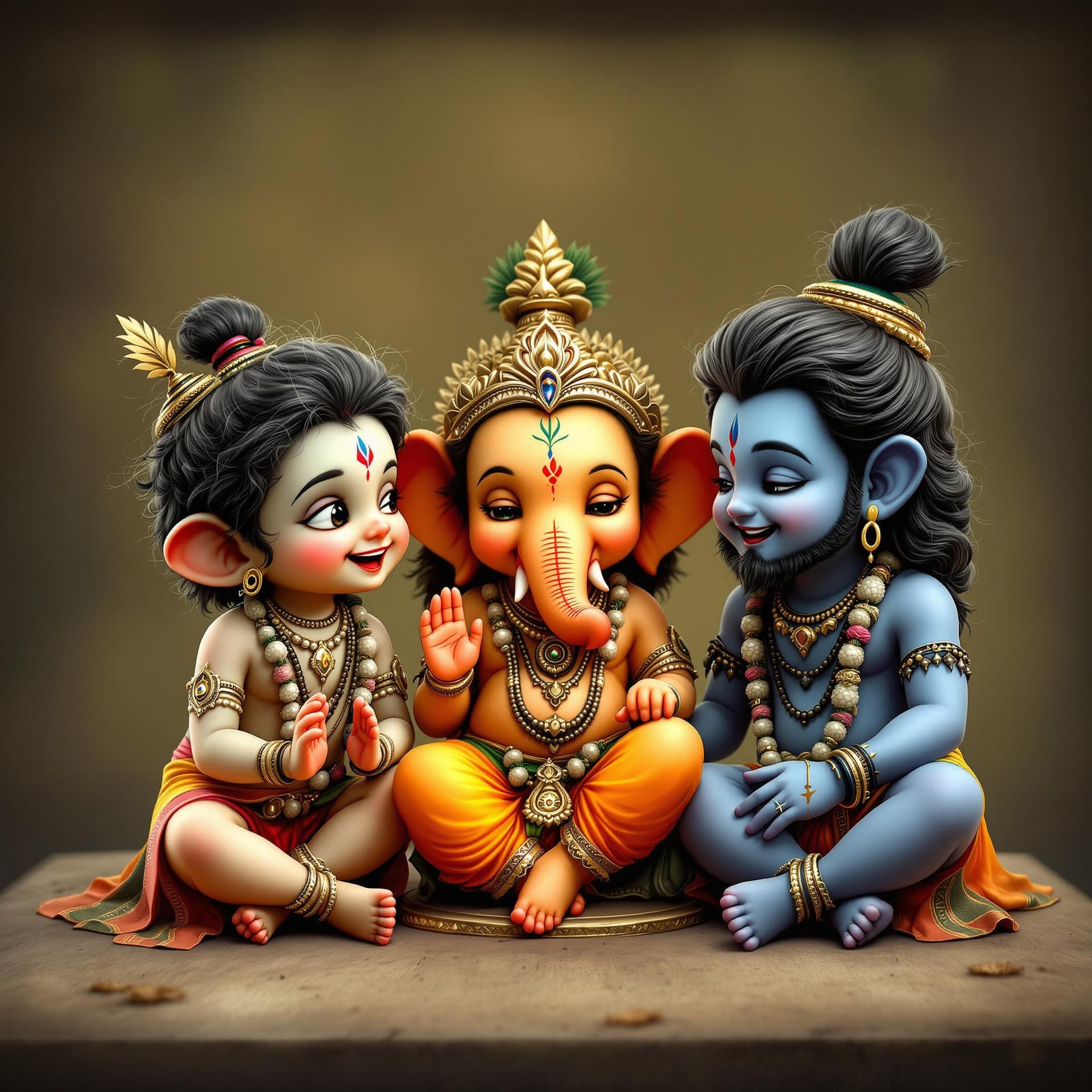 AI generated: Arafed image of a cute little Krishna, Ganesha and Shiva sitting together talking and laughing