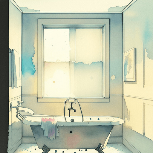 AI generated: Old apartment, bathroom, bathtub, window backlight, loose watercolor sketch, spatter --v 4 --v 2
