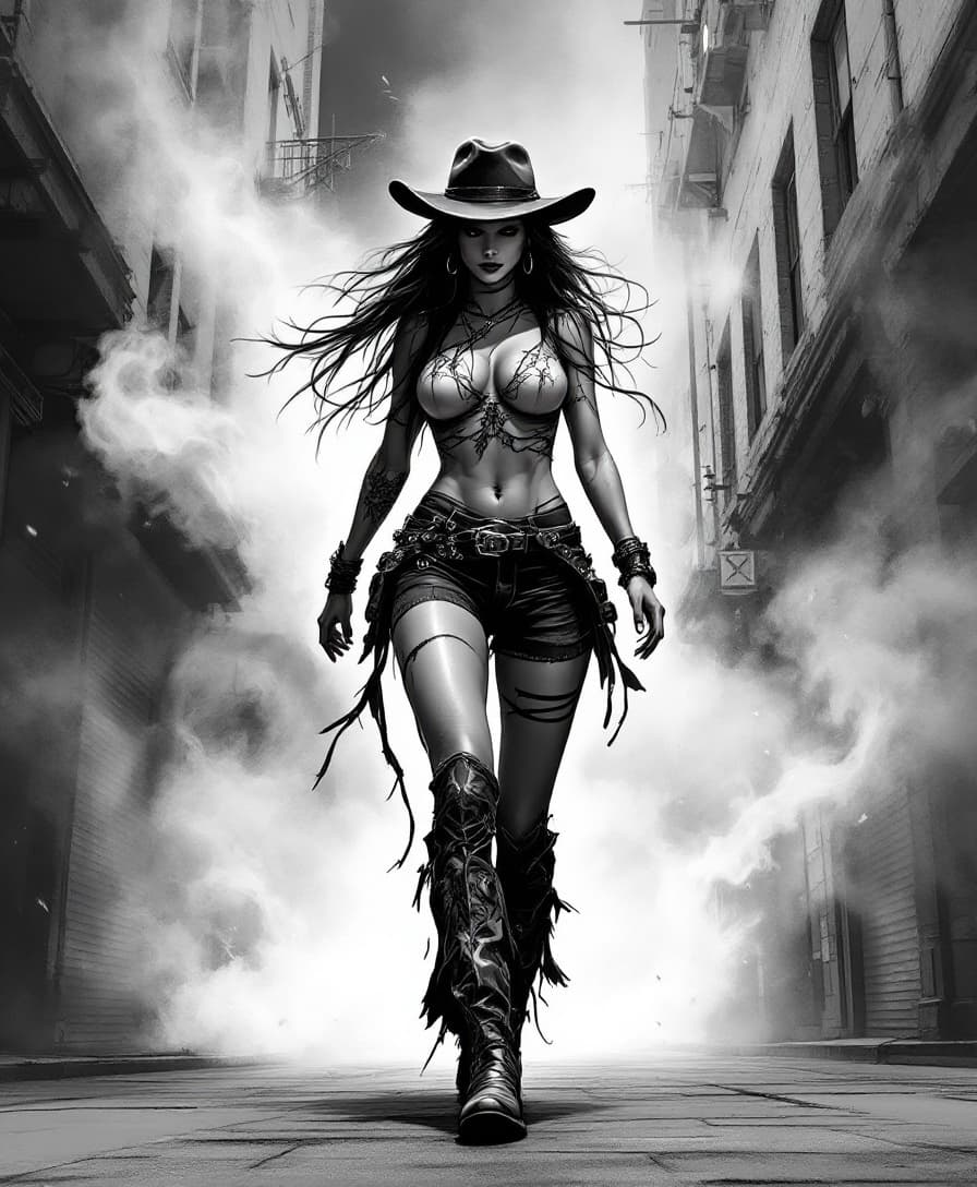 AI generated: A digital drawing of an urban cowgirl, full body, walking on the street, wearing cowboy boots and ha...