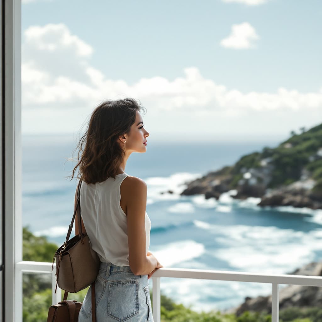 AI generated: Hyper realistic eye level exterior photo of a mid century modern style woman looking the ocean, dayl...