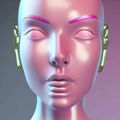 AI generated: woman bionic ceramic glossy pink face sculpture, pushed out of the background, front view, brightly ...