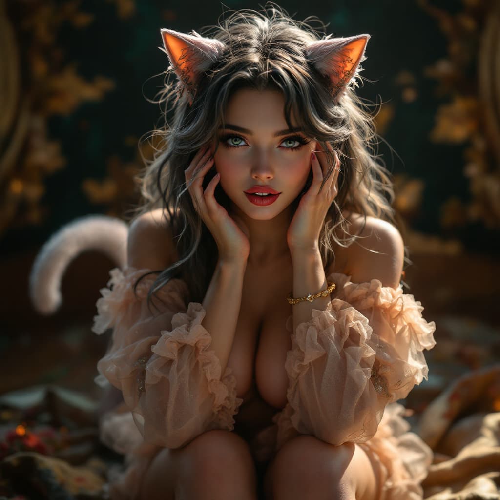 AI generated: A MILF  , she with thick tail and cat ears,bite her lips,hardcore sex,Hold head with hands,erotic mo...