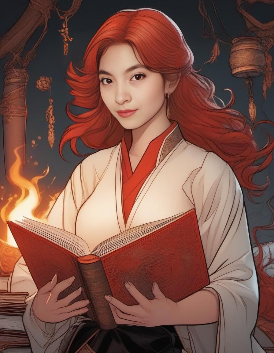 AI generated: a red-haired, a book, witchraft, academia, black comic art, close-up, american comics, character, li...