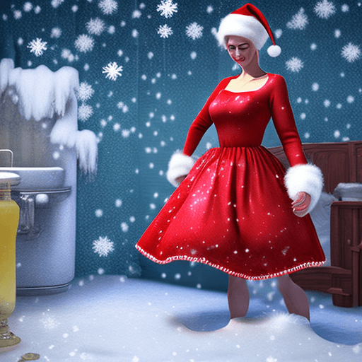 AI generated:  Woman wearing christmas dress. dress lift, pissing urine through (panties underwear, snow. masterpi...