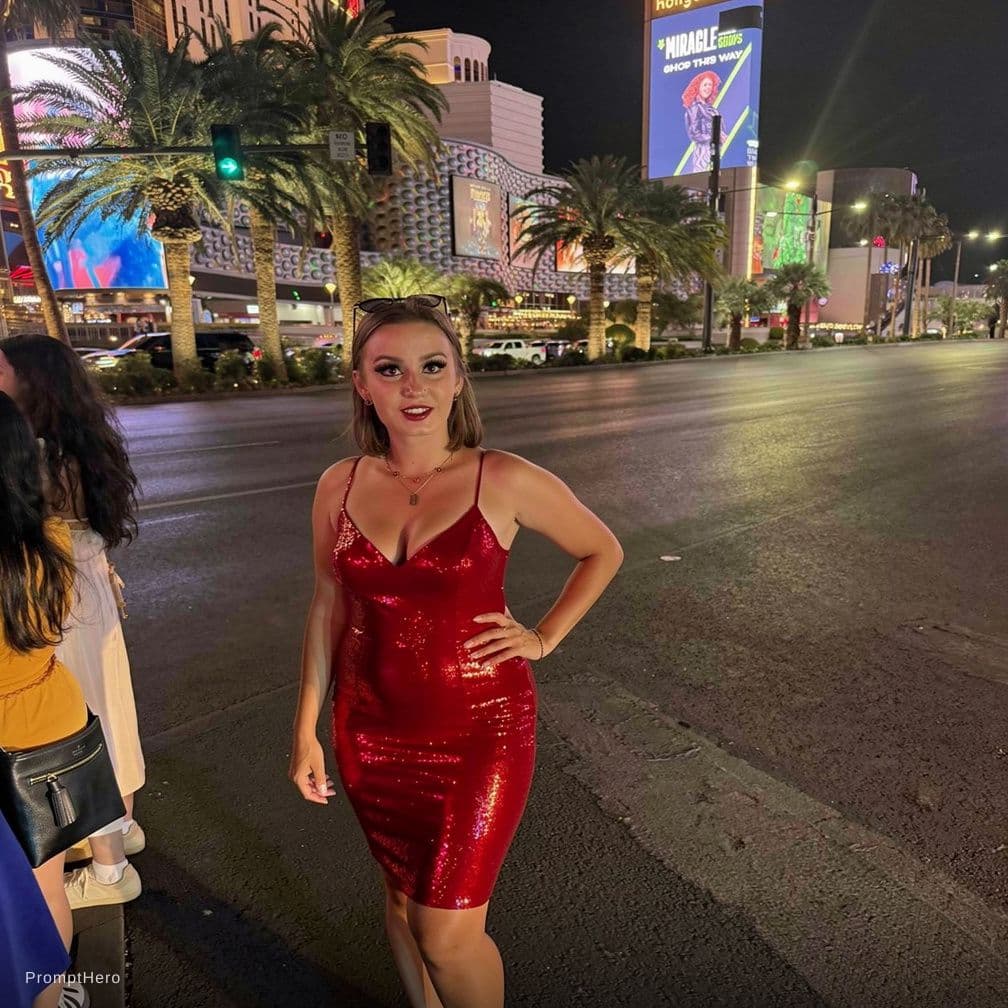 AI generated: 18 year old, stripper, nightclub, topless, red thong, cameltoe, front view