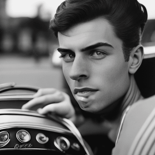 AI generated: close up portrait of an attractive man inside vintage convertible car, on the streets of London, sho...