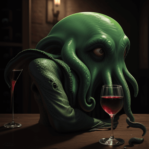 AI generated: cthulhu drinking wine, hyperrealist, hyperrealism, photorealistic, UHD, 8k