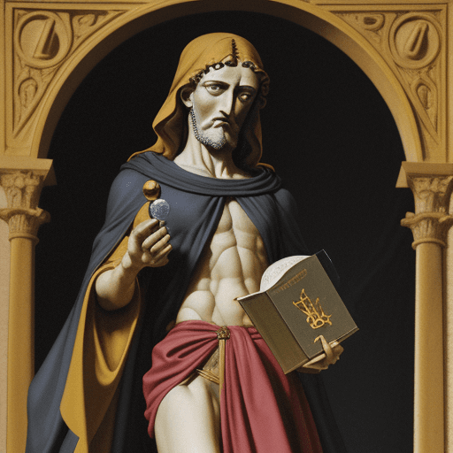 AI generated: Hermes Trismegistus holding a philosopher's stone, very dark, endowed with knowledge, dressed in a b...