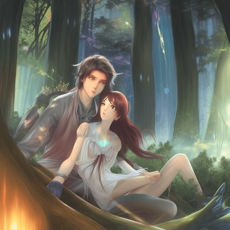AI generated: 8k. detailed. a boy and a beautiful girl sitting together and hugging in a forest. girl has long bri...