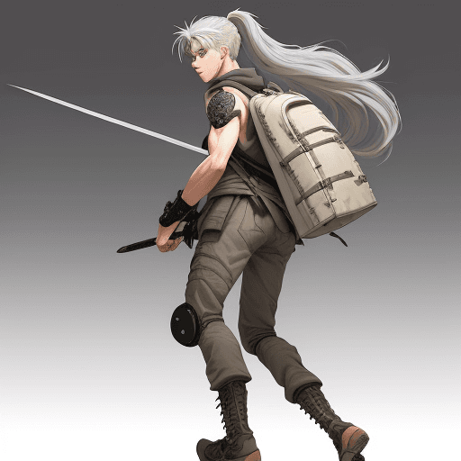 AI generated: Game 2d art, image of a young man with light gray hair long in a ponytail, 16 years old, brown eyes,...