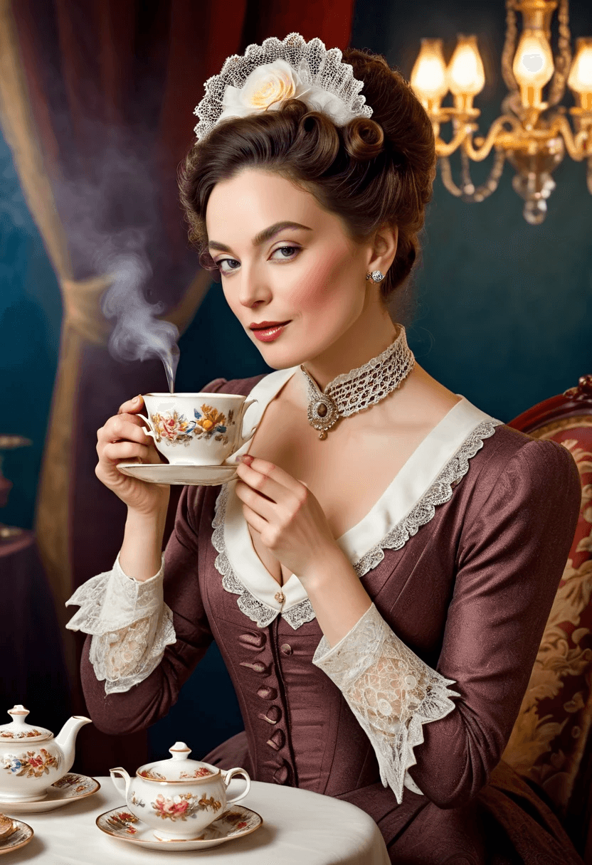 AI generated: A very elegantly dressed lady drinking a very hot and steaming cup of tea. professional portrait, [d...