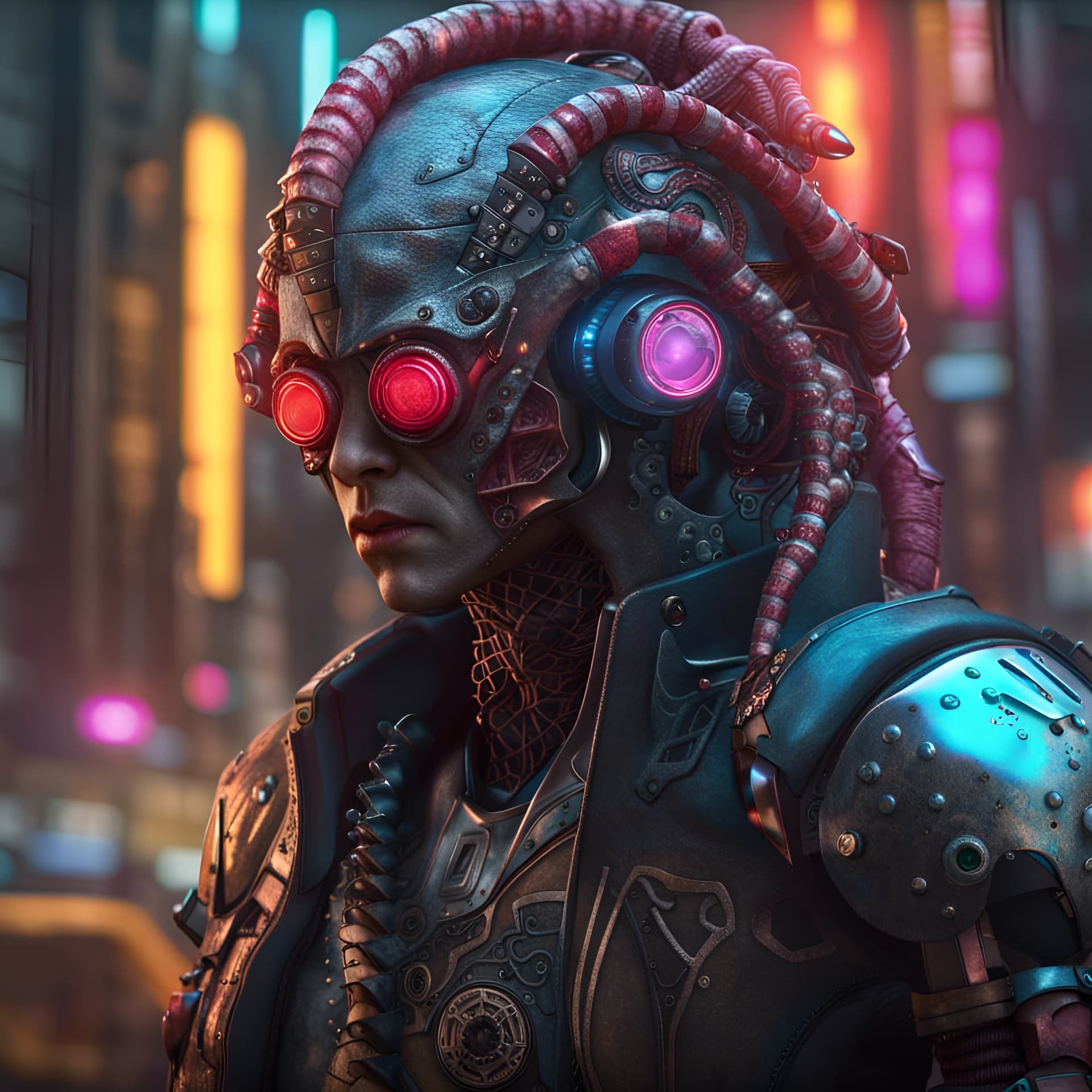 AI generated: A gorgonite, in a mythical world, with a cyberpunk outfit,in dynamics, highly detailed, packed with ...