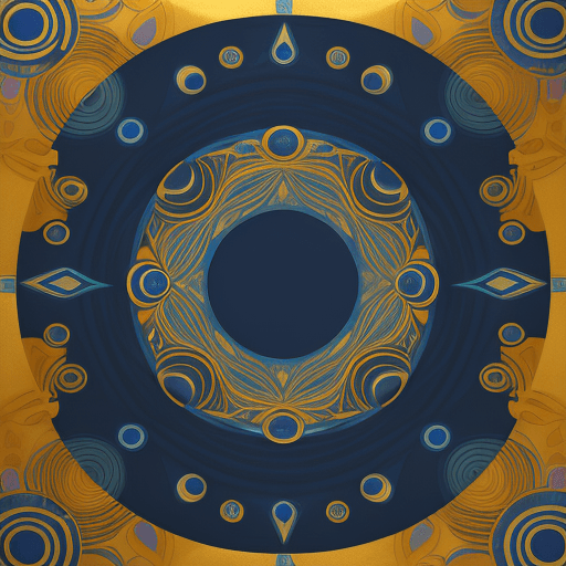 AI generated: Nextlevel design vlisco style waxprint, Deep blue, gold elements, blue circle pattern 
Detailed, dig...