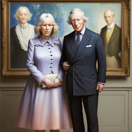 AI generated: Charles, Camilla, couple, standing, portrait, colours, impressionist, real faces