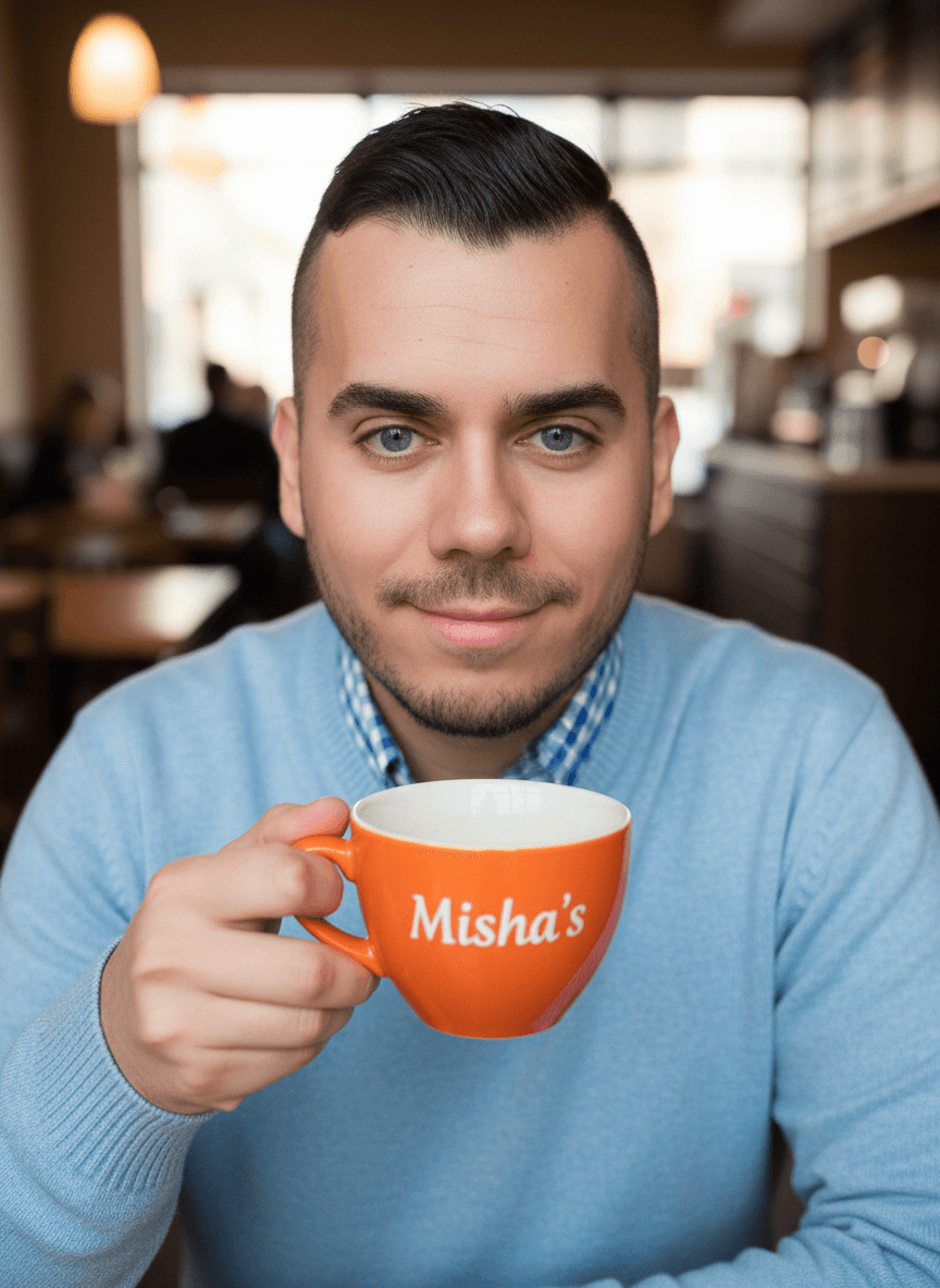 AI generated: The guy has blue eyes. He is at a coffee shop. He is grabbing his orange coffee cup. The cup says on...