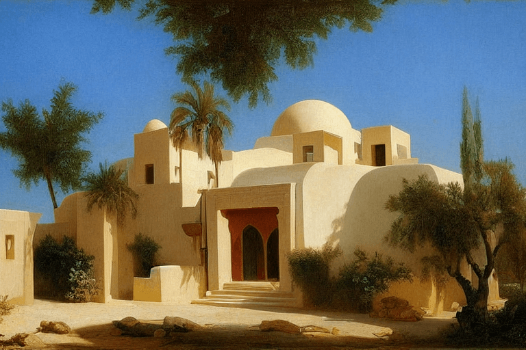 AI generated: Persian residential small villa, Spanish Moroccan architecture style mix to Santorini style, by Jean...