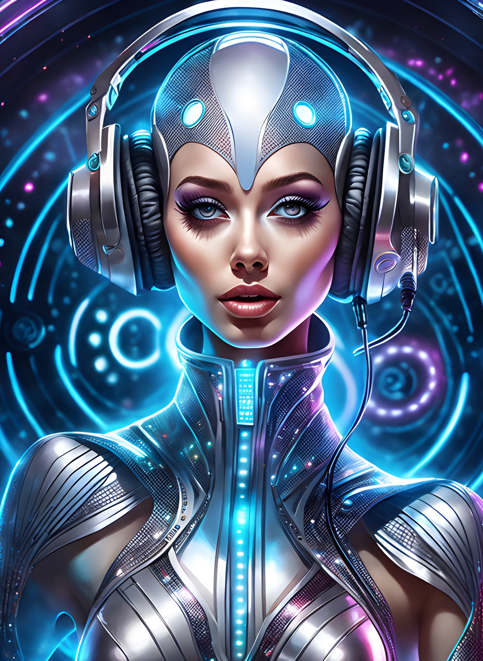 AI generated: futuristic beautifully alien DJ from the future, scattering of space flashlight, revealing disco dre...