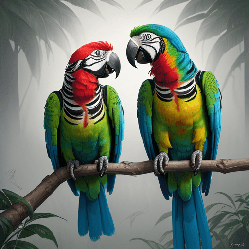 AI generated: a colorful painting of two parrots sitting on a branch, in the style of marcin sobas, 32k uhd, anima...