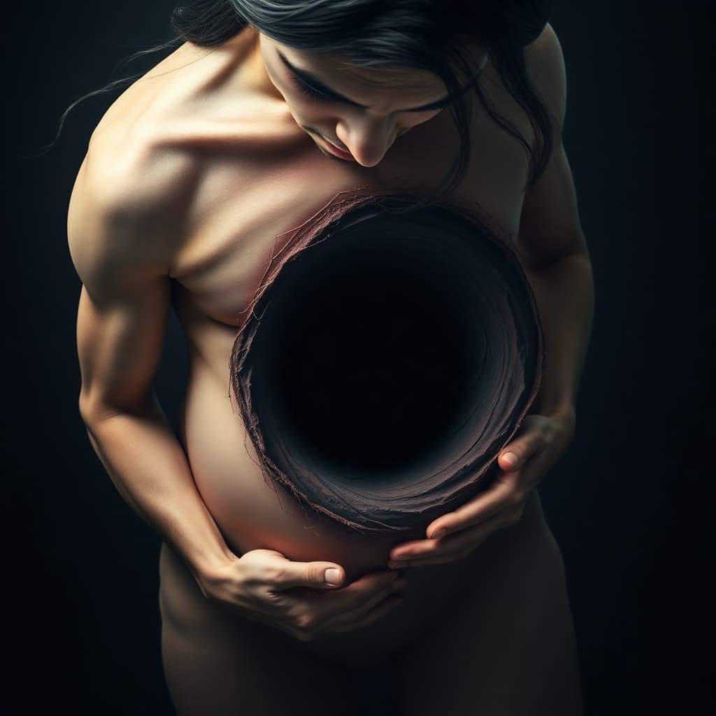 AI generated: A terrified, slim-faced young man stares downward at a void in the center of her stomach (1.4), his ...