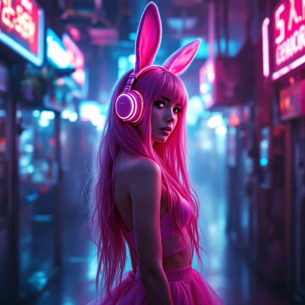 AI generated: vaporwave style The pink bunny girl in the cyber world is a cyberpunk (full body photo) , with beaut...