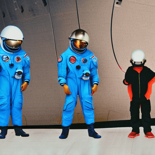 AI generated: family of astronauts father, mother, son, daughter in helmets looking in one direction, realism, her...