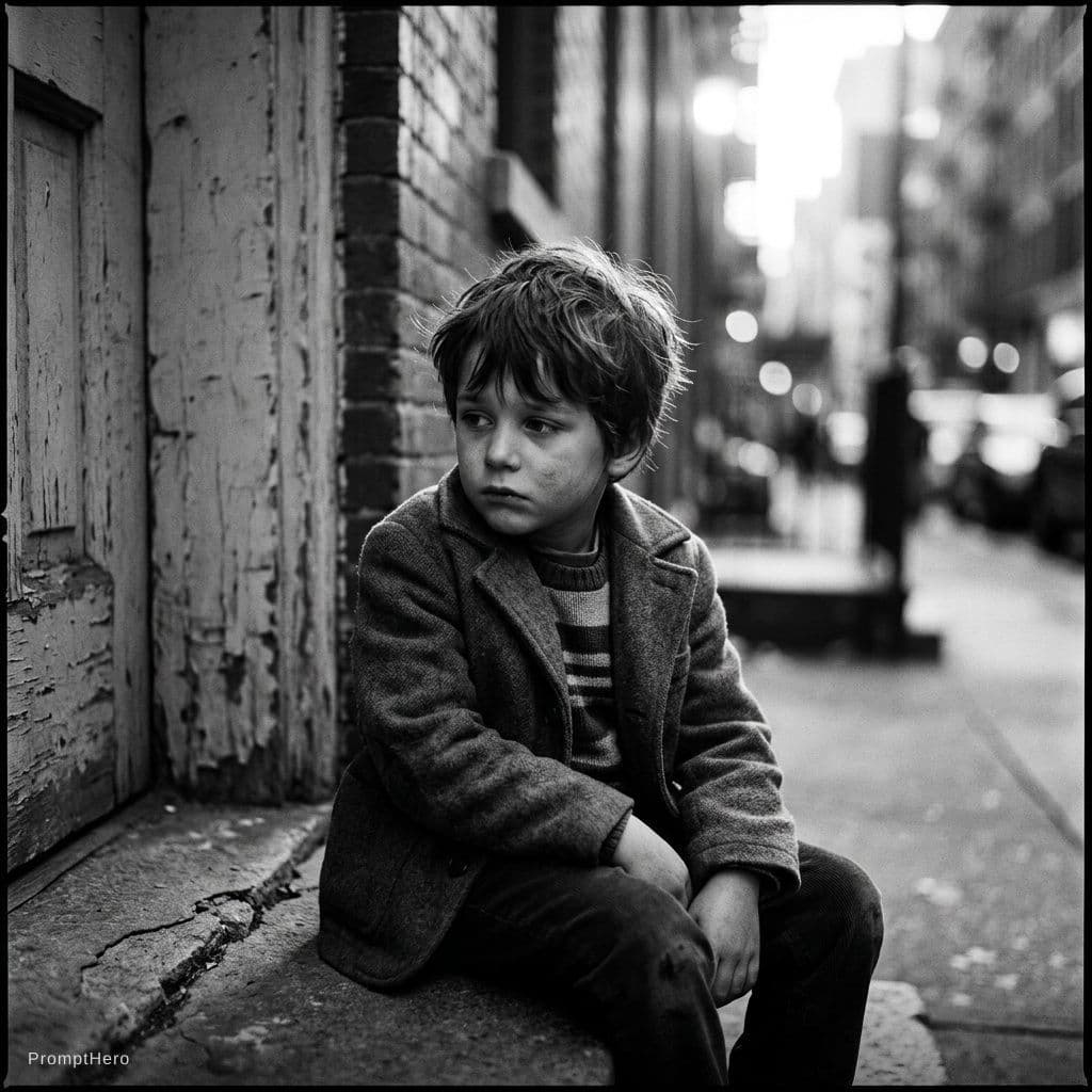 AI generated: black and white photography in style by Bruce Davidson, young boy sadly looks aside, highres, realis...