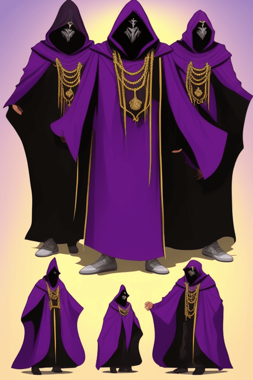 AI generated: Shadow wizard money gang, in purple cloak hood, dark face, gold chains and jewellery