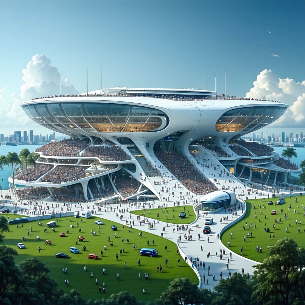 AI generated: A massive futuristic stadium in the style of Syd Mead, filled with people and vehicles on a grassy f...