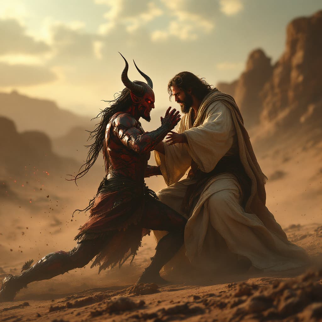 AI generated: Jesus is on the right side fighting with the devil on the left side. in the desert. cinematic, hyper...