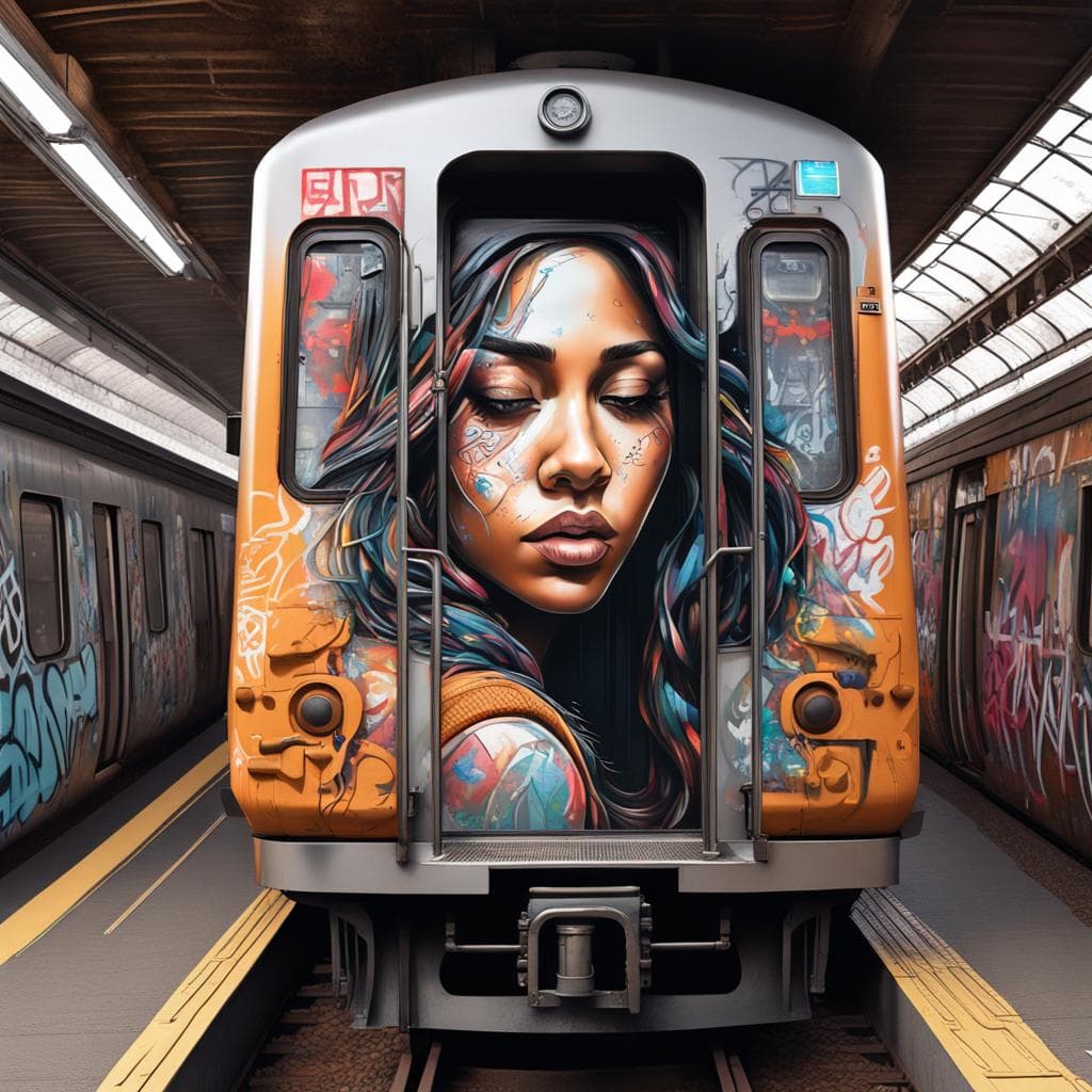 AI generated: Amidst the bustling city, a serene train stop unveils a stunning graffiti woman adorning the side of...