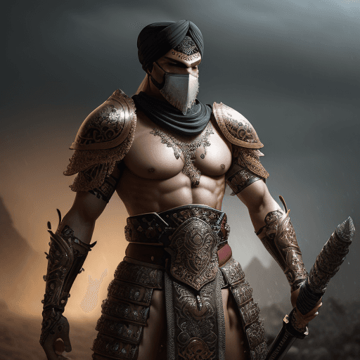 AI generated: Male Persian warrior in a battleground, wearing a full battle face mask, helm, and turban, facing th...