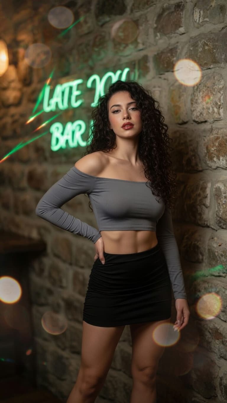AI generated: Ultra-realistic photography of a beautiful young woman with voluminous dark curly hair cascading ove...