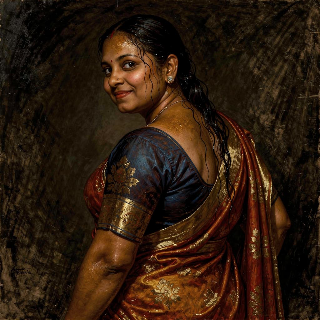 AI generated: Indian woman in a sari posing for a picture, bare back, sexy gaze, dark strokes, no watermarks, bron...