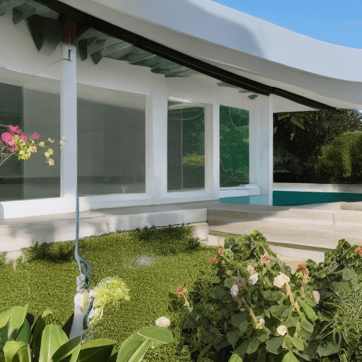 AI generated: Hyper realistic eye level exterior photo of a mid century modern style house overlooking the ocean, ...