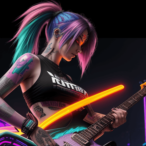 AI generated: high resolution, cyberpunk, female, colorful hair, rock star, playing electric guitar during a conce...