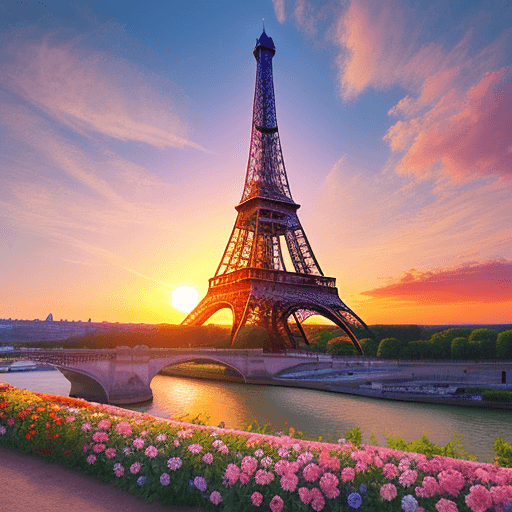 AI generated: The Eiffel tour in the middle of French countryside, flowers, sunset, sea background, vibrant colors...