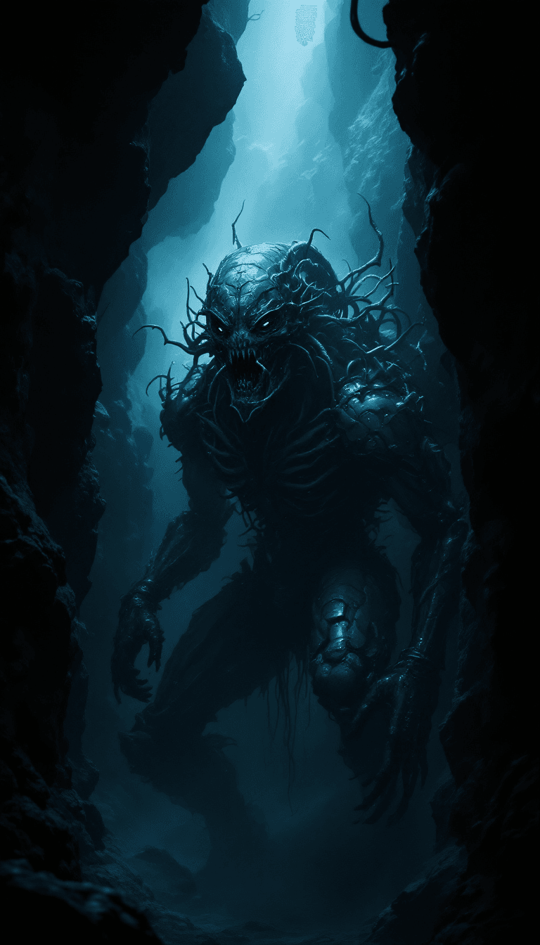 AI generated: A menacing alien cyborg hides in the shadows, its grotesque, biomechanical form exuding a chilling p...