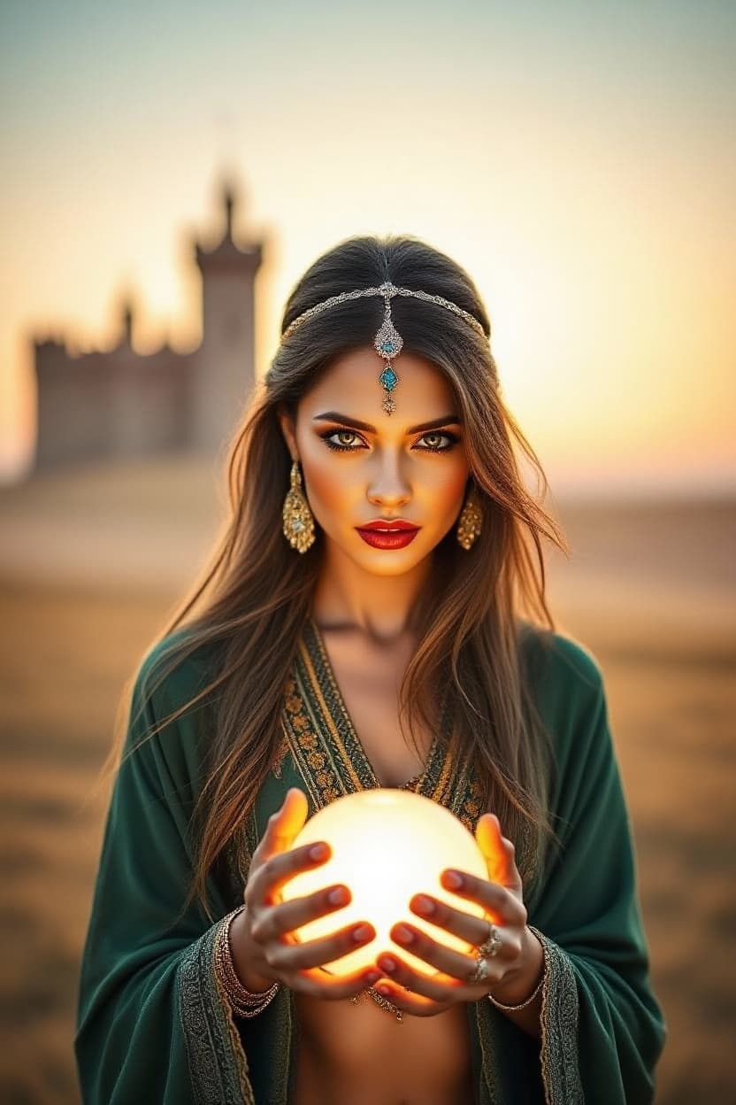 AI generated: "Fine art photography, cinematic golden hour light, soft pastel colours. Supermodel, early 20s, lith...