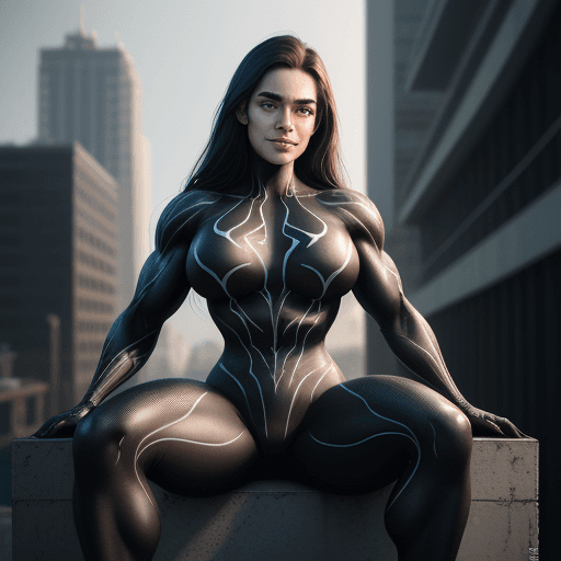 AI generated: 1 young beautiful bodybuilder woman wearing symbiote with a wide jaw, full body visible, soft smile,...