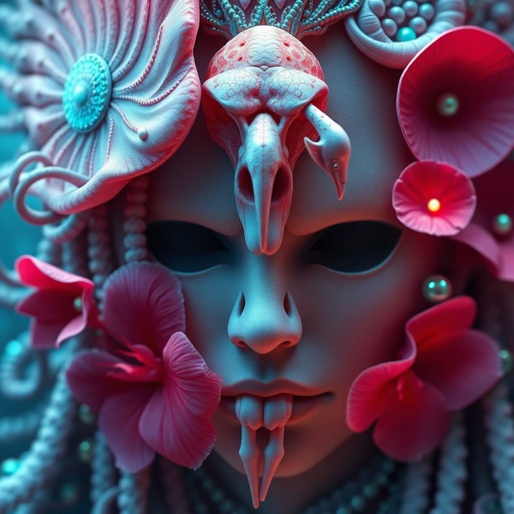 AI generated: Goddess close-up portrait ribcagel. jellyfish phoenix head, nautilus, orchid, skull, betta fish, bio...