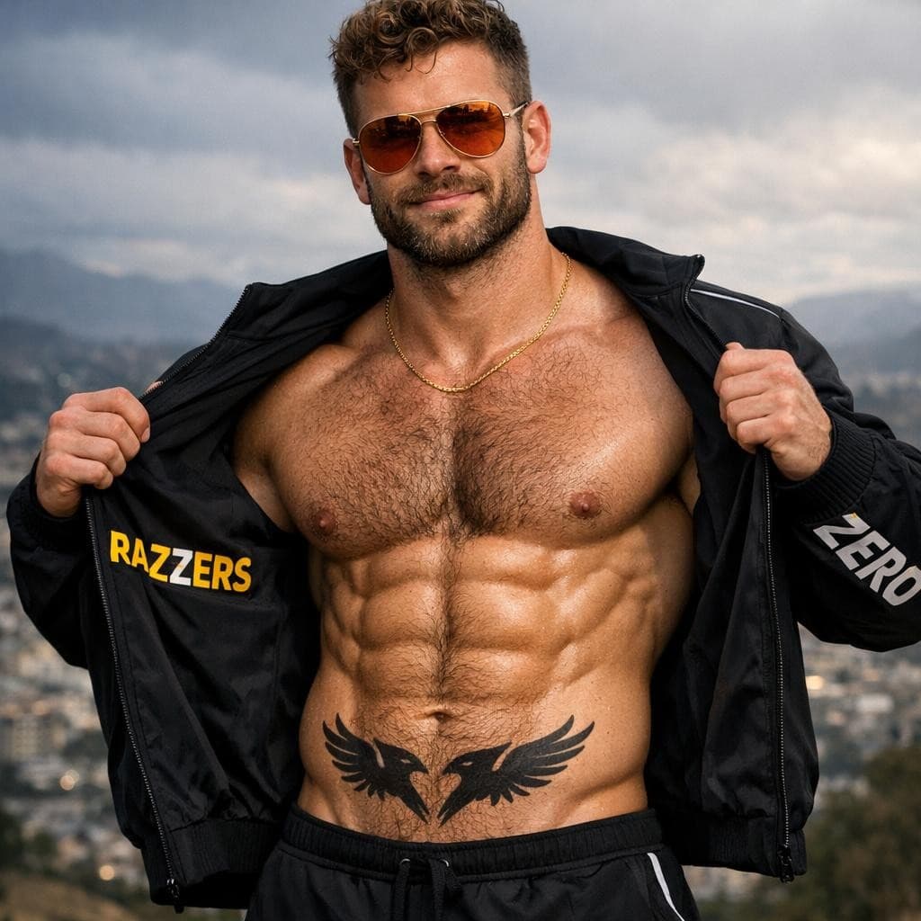 AI generated: Un homme blanc d’environ 30-35 ans, extrêmement athlétique et musclé, se tient debout en plein air, ...
