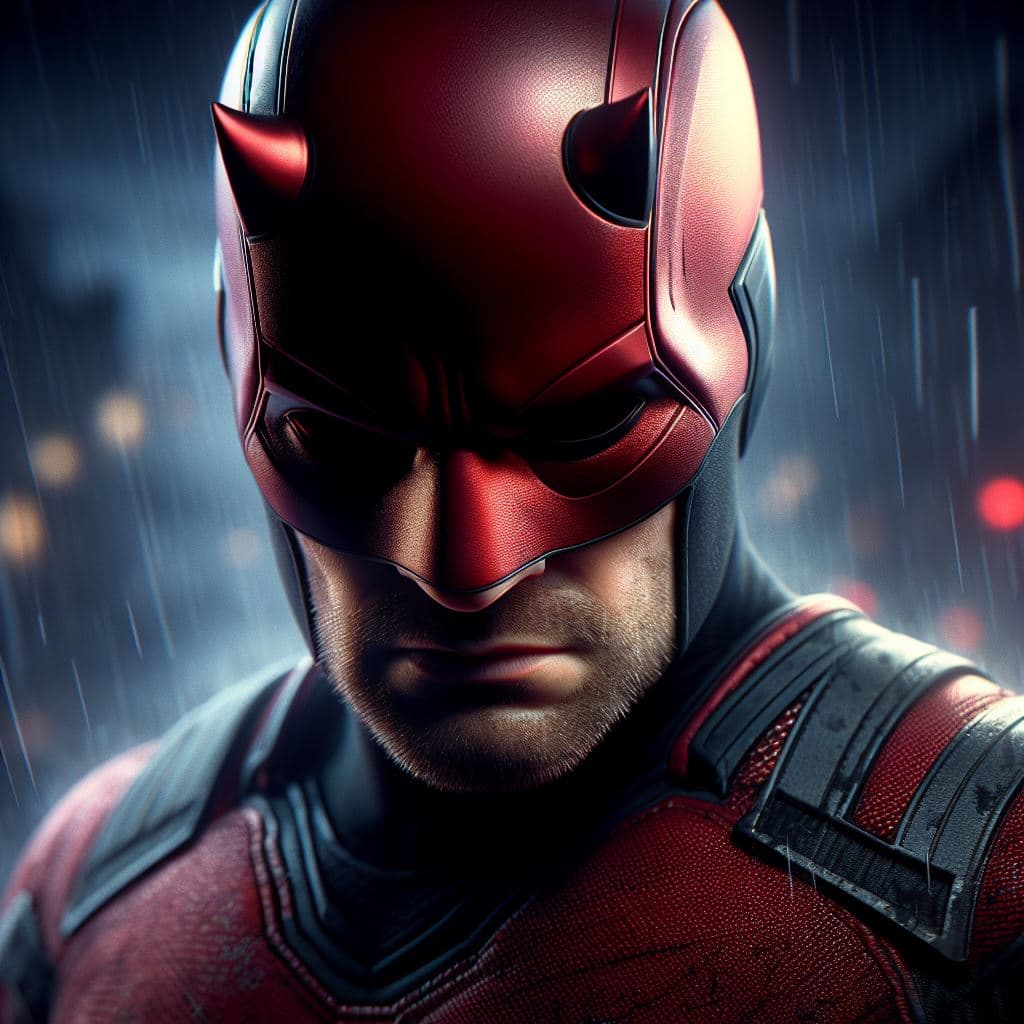 AI generated: Daredevil of Marvel, vista completa, pose épica, 8K, masterpiece, octane render, ray-tracing