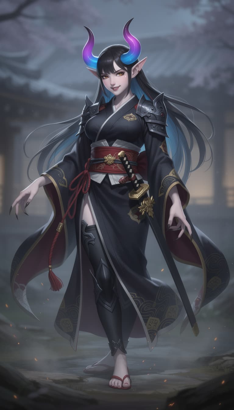 AI generated: Full body long shot of a beautiful female Japanese Oni, with two color gradient horns, Blue with pur...